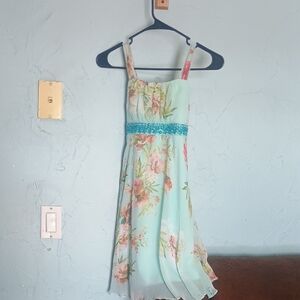 Floral Kids Dress with Blue Accents